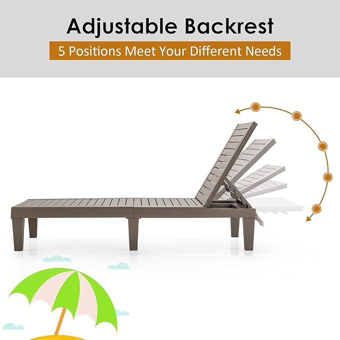 Tangkula Outdoor Chaise Lounge Chair, Lightweight Patio Lounge Recliner Chair with Adjustable Backrest, 5 Reclining Positions Chaise Lounger for Patio, Beach, Balcony, Poolside, Backyard (2, Coffee)