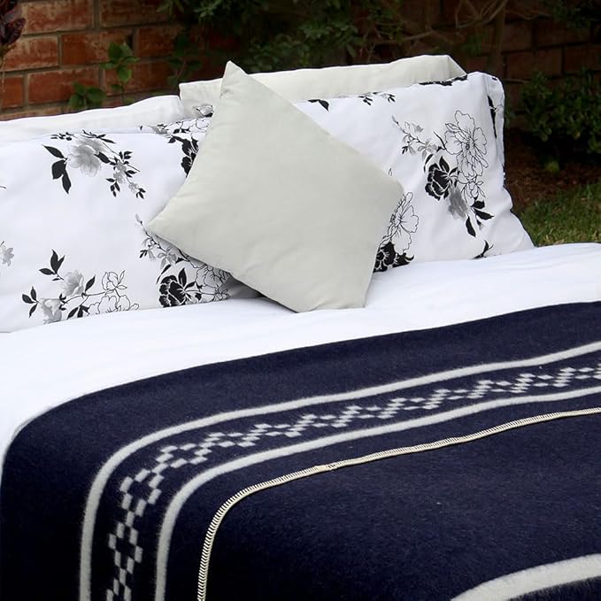 Inca Wall - Thick Alpaca Wool Blanket Heavyweight Camping Outdoors Indoors Soft Peru Twin Size Ethnic Design (Navy Blue/Ivory, Twin Size)