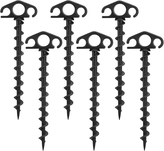 Tent Stakes Ground Anchors Screw in, 6 Pack Sand Stakes for Beach 9.4 Inch Heavy Duty Spiral Tent Pegs for Camping, Party, Hiking, Outdoor Decoration (6, Black)