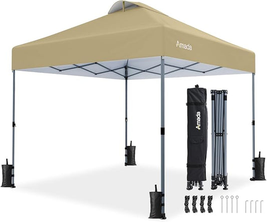 Amada 10x10 Pop Up Canopy - Center Lock One Push Instant Setup Gazebo Outdoor Canopy Beach Tent with STO-N-Go Bag 8 Stakes & 4 Sand Bags, 3-Height Adjustable Shade Shelter (10x10ft, Khaki)