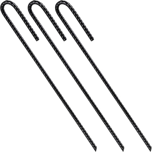Rebar Stakes U/J Hook Extra Heavy Duty,(50pcs) 12 inch x 1/4 inch Rust Proof Coated Steel Ground Stakes Ground Anchors, Garden Stake Metal Stakes Tent Stakes Trampoline Anchors (J-Hook)
