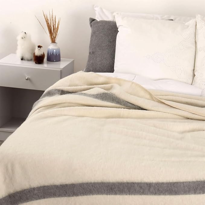 Thick Alpaca Wool Blanket Queen Size Heavyweight for Camping Outdoors or Using Indoors | Soft Peruvian Alpaca Wool Blankets (Ivory - Soft Gray Stripes, Queen)