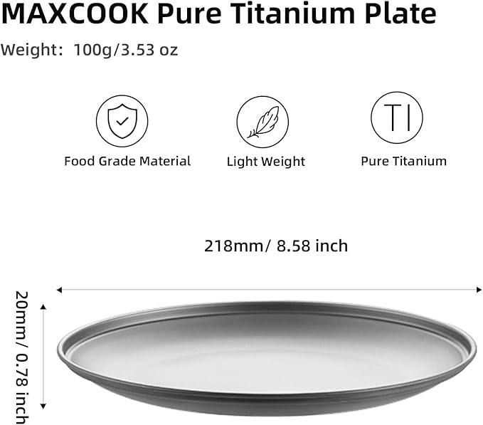 Pure Titanium Camping Plate 8.58 inch Ultralight Metal Dish Plate Outdoor Tableware