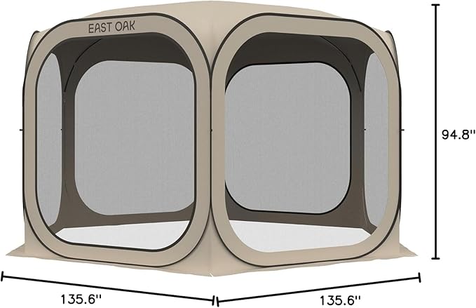 East Oak Screen House Tent Pop-Up, Portable Screen Room Canopy Instant Pop Up Screen Tent 12 x 12 FT with Carry Bag for Patio, Backyard, Deck & Outdoor Activities, Beige