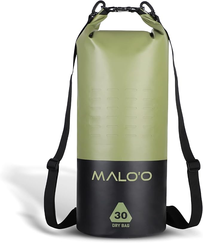 Malo’o DryPack 30L Waterproof Kayak Dry Bag, Heavy Duty Roll-Top Dry Bag with MOLLE Grid and Carry Straps for Fishing, Paddle Boarding, Boating, Camping, and Travel, Green
