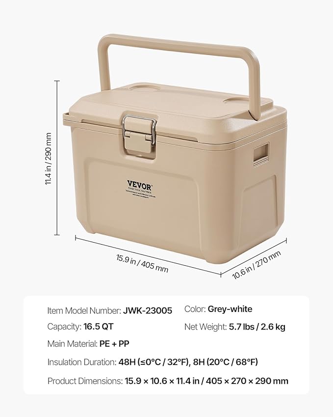 VEVOR Portable Cooler,Hard Cooler with Ice Retention, Heavy-Duty Handles and Strap, Lightweight Rigid Material Insulated Portable Cooler, Suitable for Family Picnics and Short Trips