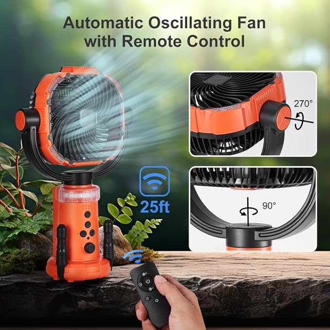 Odoland 20000mAh Camping Fan with Lantern, 360° Oscillation Rechargeable Battery Operated Outdoor Power Fan with Remote, Hook ＆ RGB Light for Camp, Family Travel and Jobsite, Orange