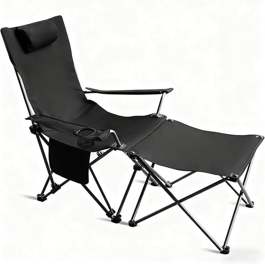 Portable Camping Chair with Footrest Folding Lounge Chair, Reclining Chair for Outside with Cup Holder, Side Pocket and Pillow, Heavy Duty Collapsible Chair for Sports,Outdoors & Lawns