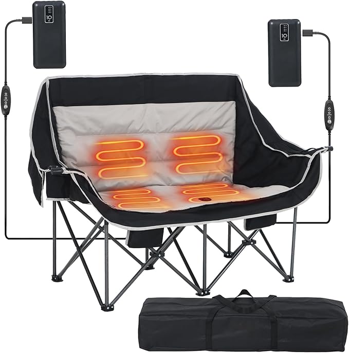 CDEN Heated Camping Chair with Battery, Padded Chair, Oversized Camping Loveseat, Double Camping Chairs, with Cup Holder, Cooler Bag, Wine Holder, Dual Power Banks Included(Black & Gray)