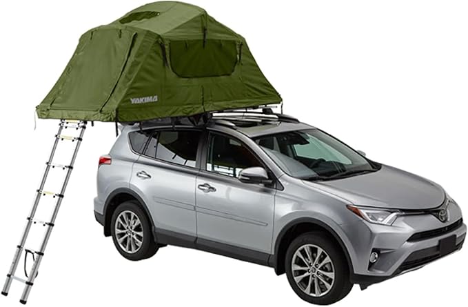 Yakima SkyRise Medium Nylon Rooftop Camping Tent for 3 People with Ladder, Mesh Skylights, and 2.5 Inch Foam Mattress with Removable Cover, Green