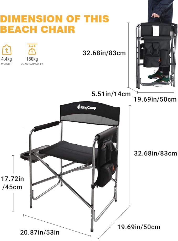 KingCamp Camping Foldable Padded Director Arm Chair with Side Table and Pocket, Grey
