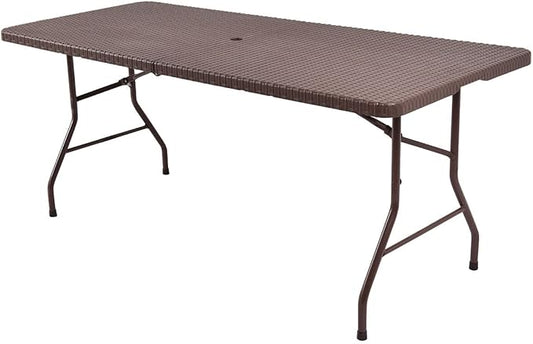 Tangkula 6Ft Rattan Folding Table, Indoor Outdoor Portable Foldable Table with 1.8 Inch Umbrella Hole, Heavy Duty Metal Frame, Carrying Handle for Camping Picnic Backyard BBQ