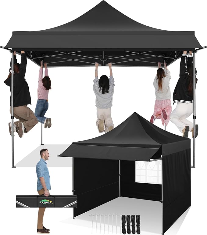 COBIZI 10x10 Pop Up Canopy Tent with Awning,Heavy Duty Canopy UPF 50+ All Season Wind Waterproof Commercial Outdoor Street Vendors Party Tents for Parties Canopy with Carry Bag(10 x 10 ft Black)