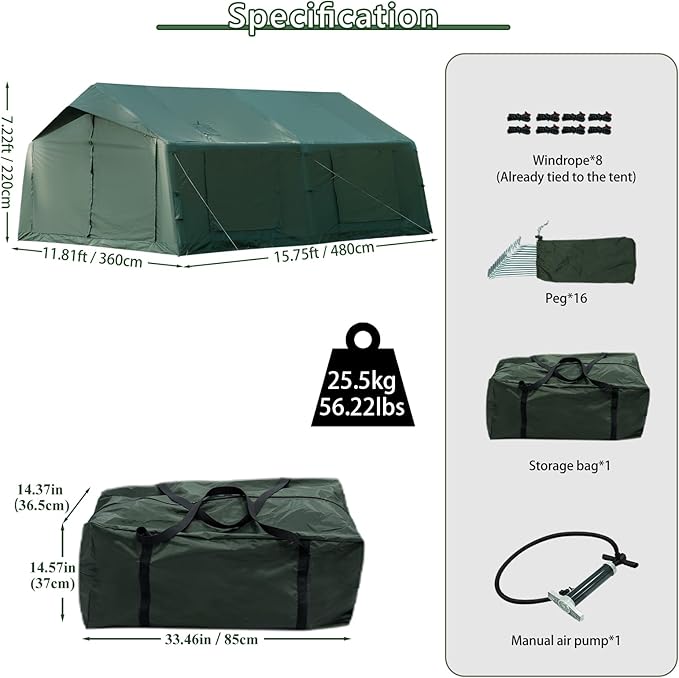Inflatable Camping Tent with Hand Pump Waterproof Outdoor Blow up Tent 2-8 Person Oxford 4 Season Glamping Air Tent Cabin House with Mesh Windows & Door
