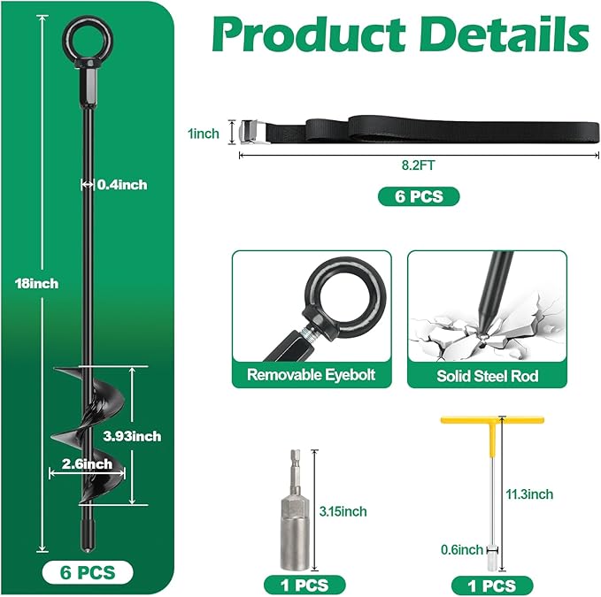 Trampoline Stakes High Wind Heavy Duty Kit, 4/6/8 Pack 18" Trampoline Anchors Ground Anchors Screw in with Adjustable Tie-Down Straps for RV Awning Swing Set Canopy Tent Stakes
