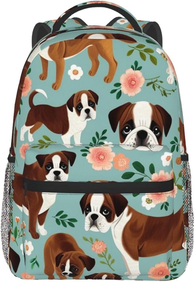Men Women Polyester Boxer Dog Flowers Florals Mint Green Daypack Backpack Large Capacity Carry On Bag With Smooth Zippers for Hiking Picnic Walking Cycling