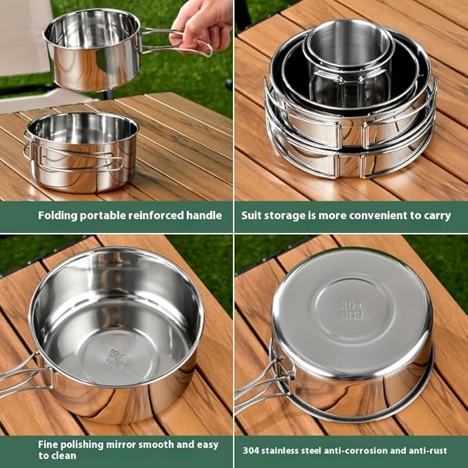 Camping Cookware Mess Kit Set 304 Stainless Steel 12-Piece Lightweight Backpacking Cooking Set Outdoor Cook Gear for Family Hiking, Picnic(Pot, Frying Pan, Bowl, Plate, Spoon, Fork)