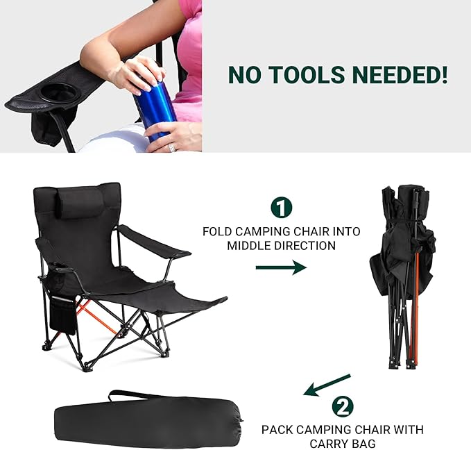 Outvita 2 Pack Folding Camping Chair with Foot Rest, Lightweight Camping Chairs for Adults, Portable Lawn Chair with Carrying Bag for Fishing, Hiking, Picnic, Beach, Sports, Supports Up to 220 Lbs