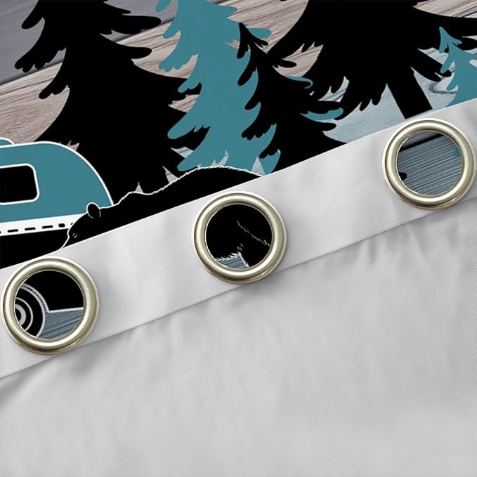 Camper Adventure Blackout Curtains,Bear Pine Tree Rustic Farmhouse Blackout Curtains,Wooden Plank Cottage Cabin Boys Girls Room Decor,Blue Black 2 Panels,52Wx90L inch