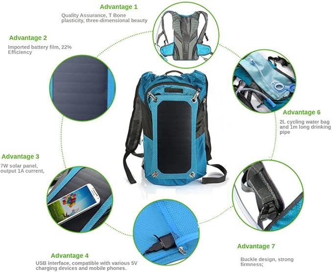 Solar Backpack, Solar Powered 1.8 Liter Hydration Backpack / 7 Watt Solar Panel,
