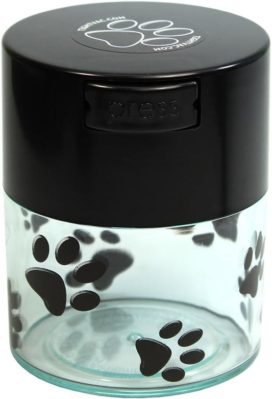 Pawvac 3 Ounce Vacuum Sealed Pet Food Storage Container; Black Cap & Clear Body/Black Paws