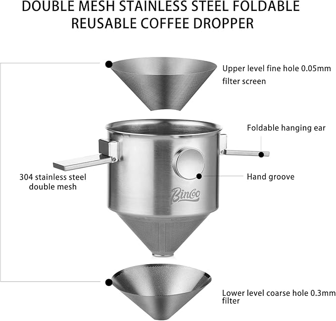 Bincoo Pour Over Coffee Dripper, Portable Stainless Steel Reusable Coffee Filter, Mini Collapsible Paperless Single Serve 1-2 Cup Coffee Dripper Cup Easy To Clean For Travel Camping Offices