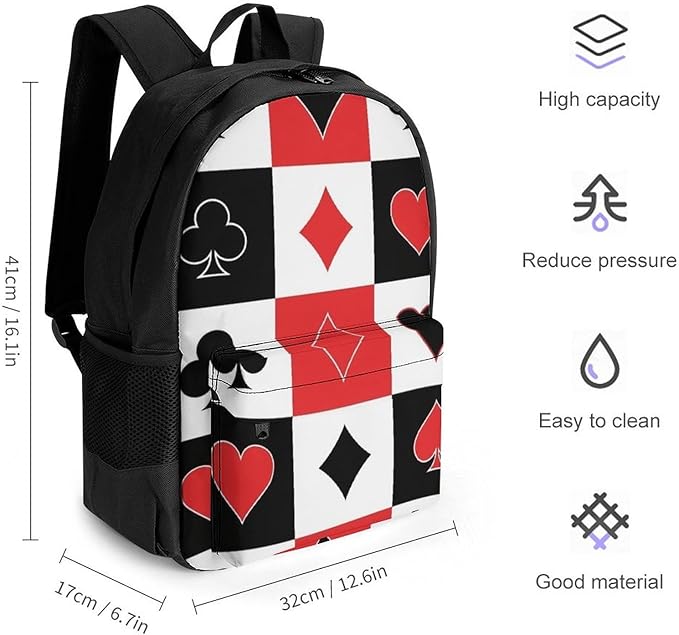 Lightweight Rucksacks for Climbing Outdoors Walking Cycling, Large Capacity Anti-Theft Multipurpose Carry On Bag, Poker Suits Hearts Diamonds Spades Grid Playing Cards Camping Outdoor Backpack