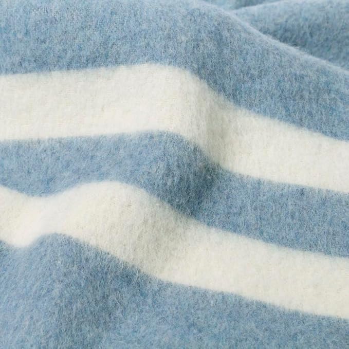 Thick Alpaca Wool Blanket Heavyweight for Camping Outdoors or Using Indoors | Soft Peruvian Alpaca Wool Blankets (Soft Blue - Ivory Stripes 2, Queen)