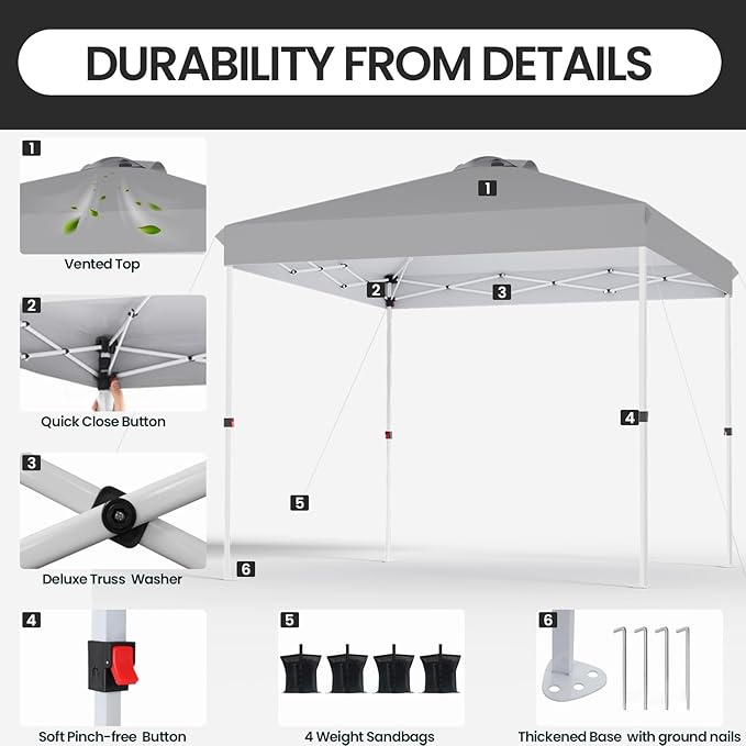 10x10 Pop Up Canopy, Heavy Duty Pop Up Tent with Wheeled Bag for Easy Moving, Easy Up Canopy Tent for Parties, Events, Camping, Outdoor Gazebo with 420D PU Coated Waterproof Grey Fabric