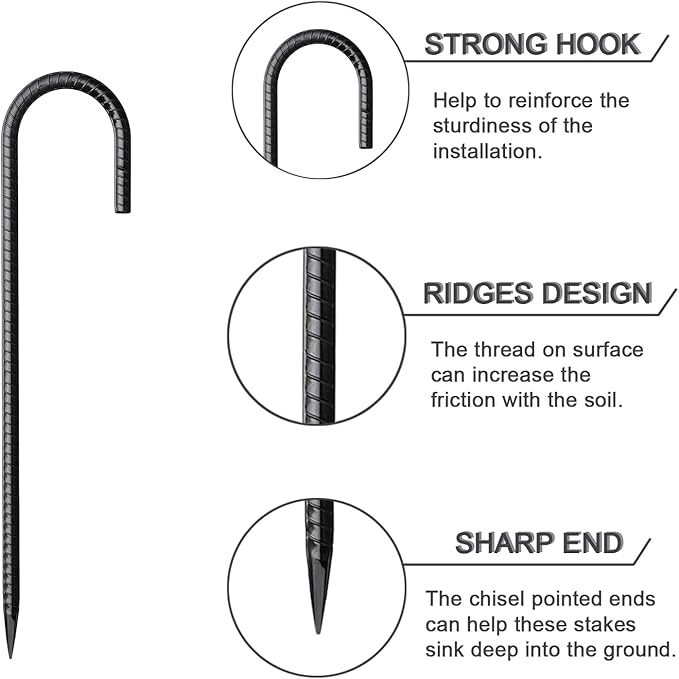 Rebar Stakes 12 Inch 32 Pack Tent Spikes Heavy Duty Metal J Hook, Fence Stakes for Trampoline, Fence, Camping Tent (32, J-12 x5/16 Black)