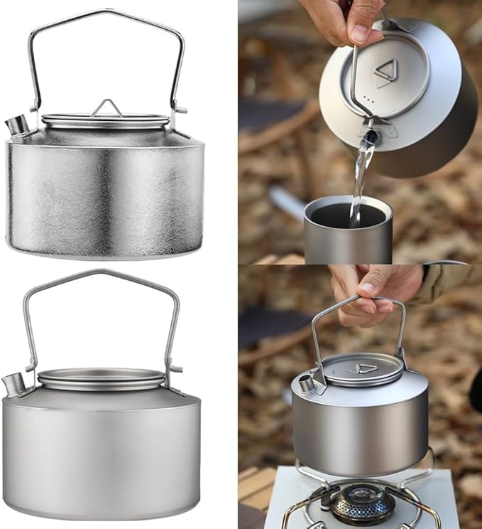 Ultralight Titanium Tea Kettle 980ml Collapsible Handle Camping Coffee Pot Compact Hiking Teapot For Outdoor Cooking Backpacking Travel Fast Boiling Rustproof(ice flower style)