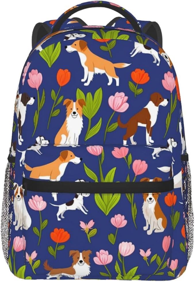 Men Women Lightweight Australian Shepherd Dogs Flowers Backpack Large Capacity Carry On Bag With Padded Straps for Sports Work Walking Cycling