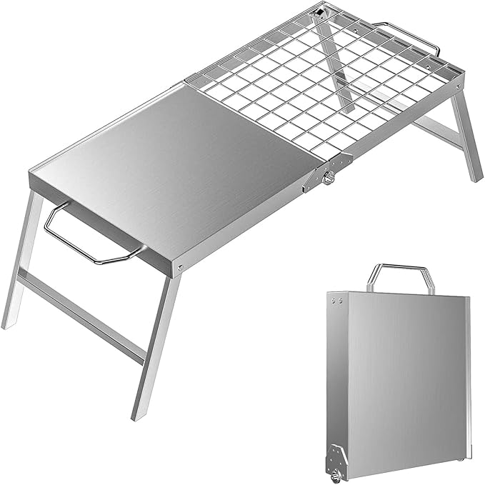 Skyflame Folding Campfire Grill, Portable Stainless Steel Camping Grill Grate and Camp Grill Griddle with Collapsible Legs for Versatile Outdoor Backpacking BBQ Over Fire Pit Cooking
