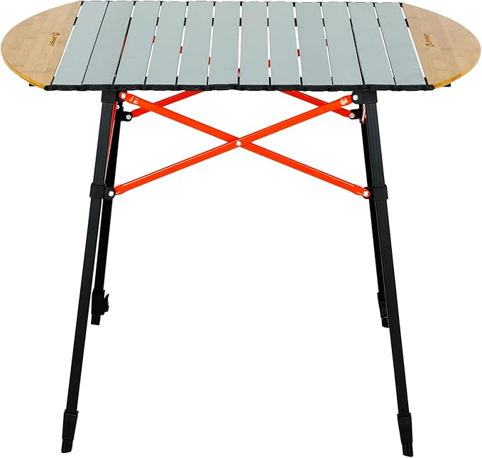 Lippert Bamboo/Hammer Grey Roll Top Camping Table with Powder-Coated Aluminum Top/Frame, Durable Bamboo Edges, Foldable Design, Adjustable Legs, Lightweight Construction - 2023053727