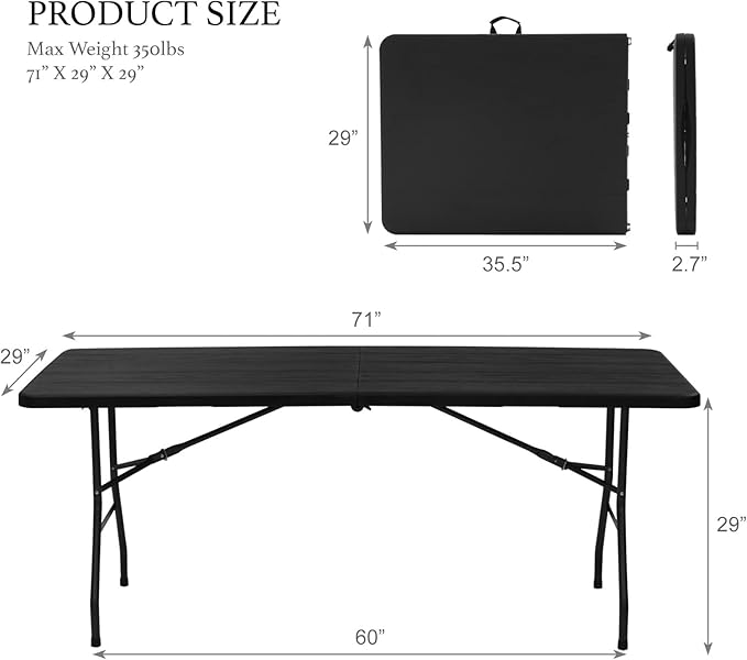 AJP Distributors 6 Foot Portable Plastic Folding Table 6FT 72" Half Foldable Heavy Duty Top w/Carry Handle - Indoor Outdoor Camping Picnic Party Wedding Dining Office Event Meeting Black Wood Style