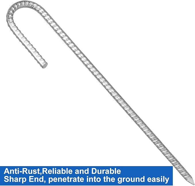 10 Pack 12”Galvanized Rebar Stakes J Hook, Heavy Duty J Hook Ground Anchors, Curved Steel Support Garden Stake with Chisel Point end for Fence Stakes, Canopies, Sheds, Swing Sets