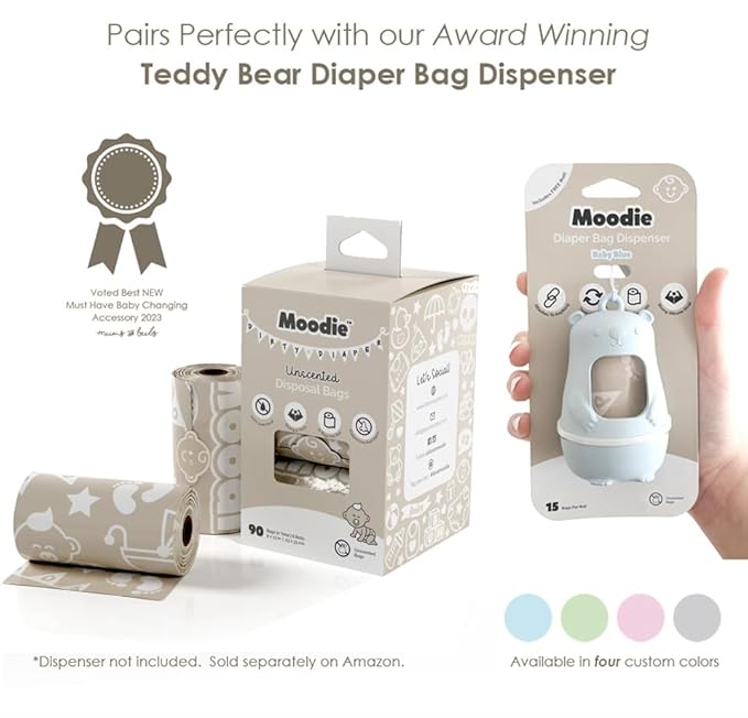 Teddy Bear Diaper Bag Dispenser | Diaper Trash Bags on the Go Dispenser w/Silicon Strap | 15 UNSCENTED Baby Poop Bags per Roll | Dirty Diaper Bags Disposable | Diaper Waste Bags (BABY BLUE)