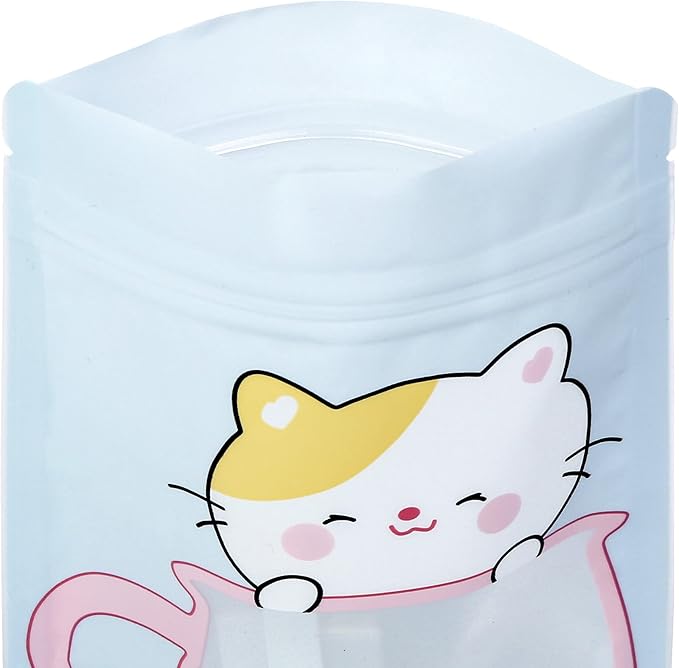QQ Studio 100 Animal Designed Snack Bags, Plastic Bakery Bags, Cute Favor Bags for Snacks, Pastel Cookie Bags with Window, Zipper Seal Treat Storage Bags (6.25 Inch x 9 Inch, Blue Kitty)
