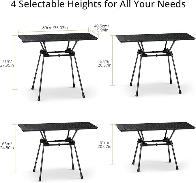 3ft Camping Table Foldable, 4 Adjustable Heights Waterproof Aluminum Roll Up Camping Table with Carrying Bag, Lightweight, for Garden, Picnic, Outdoor, Travel, Backyard, Beach, 35” X 16”, Black