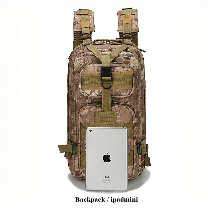 30L Comfortable Durable Military Tactical Backpack w/USA Flag Patch, MOLLE Hiking Camping Travel Bag,(Khaki python pattern)