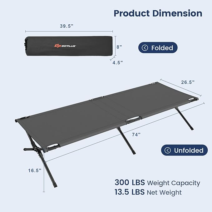 Goplus Folding Camping Cot with Carrying Bag, Portable Lightweight Outdoor Sleeping Bed for Adults Kids, 300LBS Weight Capacity, Heavy-Duty Camping Bed for Traveling