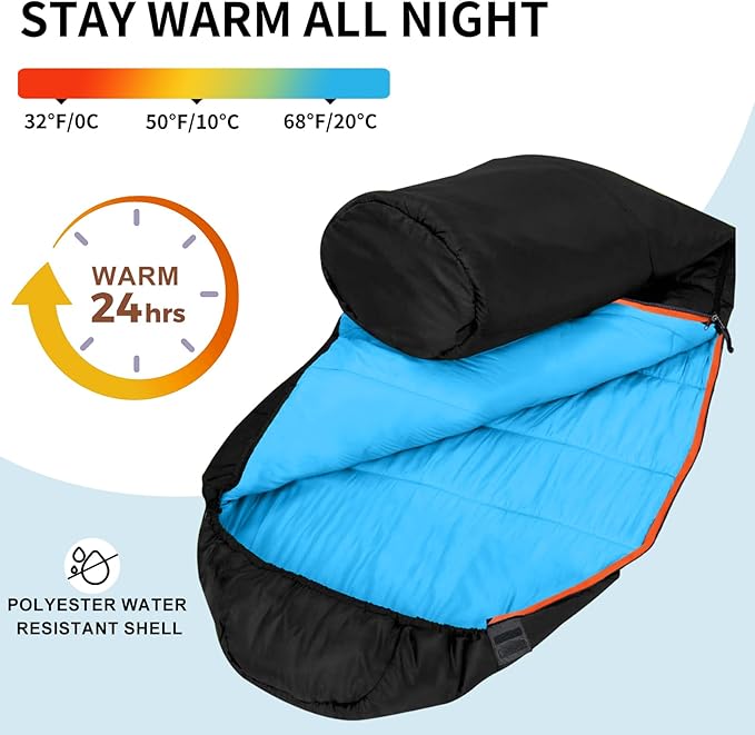 KAMPKEEPER Mummy Sleeping Bag for Adults,3-4 Seasons Cold Weather,Waterproof,Lightweight,Non-Snag Zipper with Adjustable Hood Perfect for Backpacking, Hiking,Camping