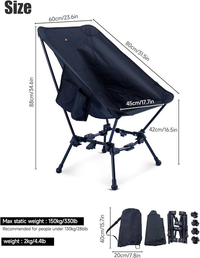 iClimb Two-Heights Light Compact Comfortable Camping Folding Beach Chair with Anti-Sinking Large Feet and Carry Bag