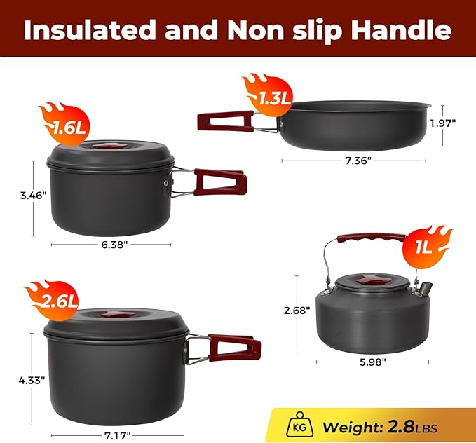 Bulin 24/13/11/8/4 PCS Camping Cookware Mess Kit Lightweight Backpacking Cooking Set Outdoor Cook Gear for Family Hiking, Picnic(Kettle, Pot, Frying Pan, Bowls, Plates, Spoon)