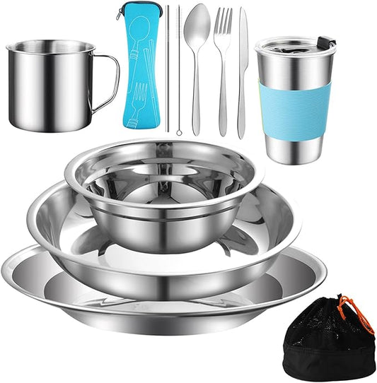 12Pcs Camping Mess Kit Camping Dishes Set Stainless Steel Tableware Mess Kit Includes Plate Bowl Cup Spoon Fork Knife in Mesh Bags for Camping Backpacking & Hiking for 1 Person