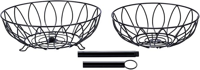 Rice rat Fruit Stand Vegetables Basket Counter Top Fruit Basket Bowl Storage for Kitchen Home Metal Cast Iron (2 Tier-Black)