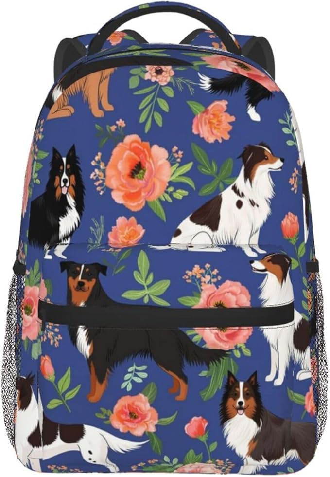 Men Women Polyester Australian Shepherd Dogs Flowers Daypack Bookbag Big Capacity Shoulder Bag With Padded Straps for Climbing Travel Walking Cycling