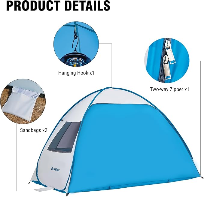 EchoSmile Pop Up Beach Tent for 4 Person Family, UPF 50+ Sun Shelter & Waterproof Beach Shade for Kids, Automatic Easy Setup Portable Cabana for Outdoor Travel（Light Blue）