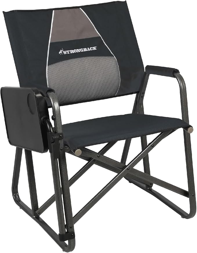 STRONGBACK Outdoor Chair Director Portable Camping Chair with Lumbar Support and Side Table - Heavy-Duty Foldable Chair - Black