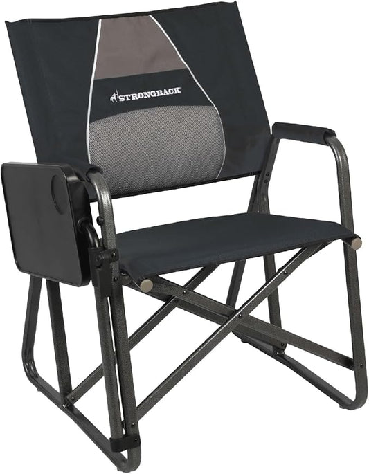 STRONGBACK Outdoor Chair Director Portable Camping Chair with Lumbar Support and Side Table - Heavy-Duty Foldable Chair - Black